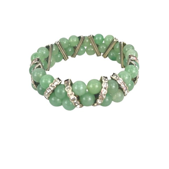 Green Jade Beaded Bracelet With Rhinestone Accents Stretch Fit - Picture 1 of 7